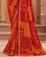 Vishal Prints Red And Yellowish Orange Printed Georgette Saree With Zari Border