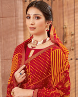 Vishal Prints Red And Yellowish Orange Printed Georgette Saree With Zari Border