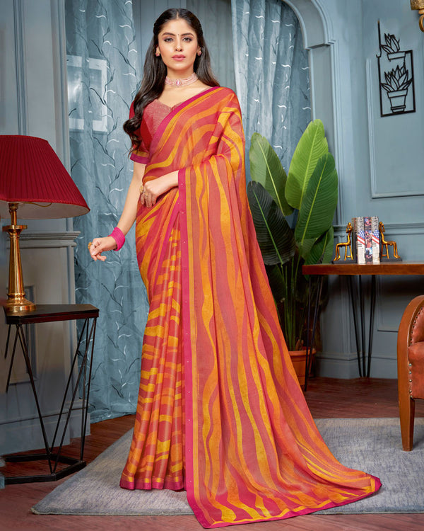 Vishal Prints Terracotta Red Printed Brasso Saree With Fancy Border