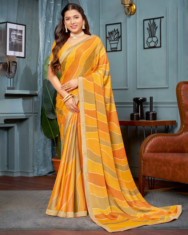 Vishal Prints Saffron Color Printed Brasso Saree With Fancy Border