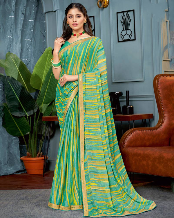 Vishal Prints Aqua Green Printed Brasso Saree With Fancy Border