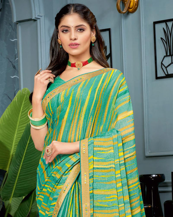 Vishal Prints Aqua Green Printed Brasso Saree With Fancy Border