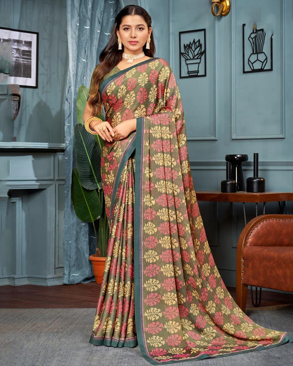 Vishal Prints Khakhi Green Printed Brasso Saree With Fancy Border