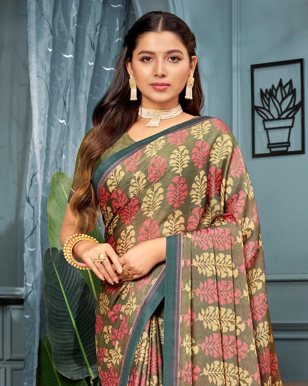 Vishal Prints Khakhi Green Printed Brasso Saree With Fancy Border