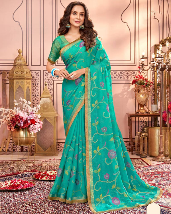 Vishal Prints Aqua Green Designer Chiffon Saree With Embroidery Diamond Work And Fancy Border