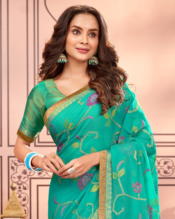 Vishal Prints Aqua Green Designer Chiffon Saree With Embroidery Diamond Work And Fancy Border