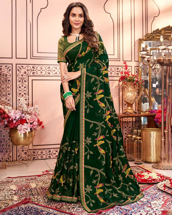 Vishal Prints Bottle Green Designer Chiffon Saree With Embroidery Diamond Work And Fancy Border