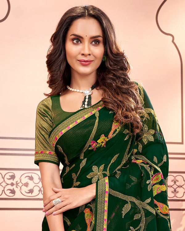 Vishal Prints Bottle Green Designer Chiffon Saree With Embroidery Diamond Work And Fancy Border