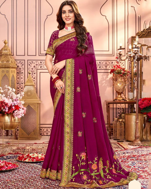 Vishal Prints Wine Designer Chiffon Saree With Embroidery Diamond Work And Fancy Border