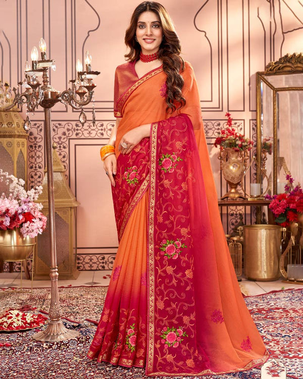 Vishal Prints Cherry Red Designer Chiffon Saree With Embroidery Diamond Work And Fancy Border