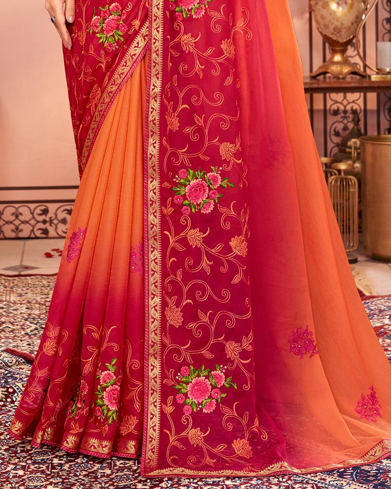 Vishal Prints Cherry Red Designer Chiffon Saree With Embroidery Diamond Work And Fancy Border