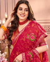 Vishal Prints Cherry Red Designer Chiffon Saree With Embroidery Diamond Work And Fancy Border