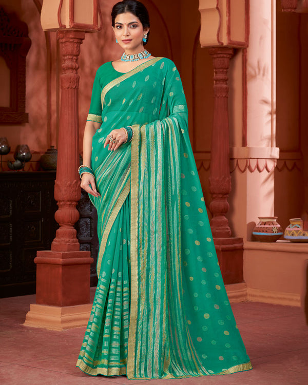 Vishal Prints Dark Mint Green Printed Brasso Saree With Fancy Border