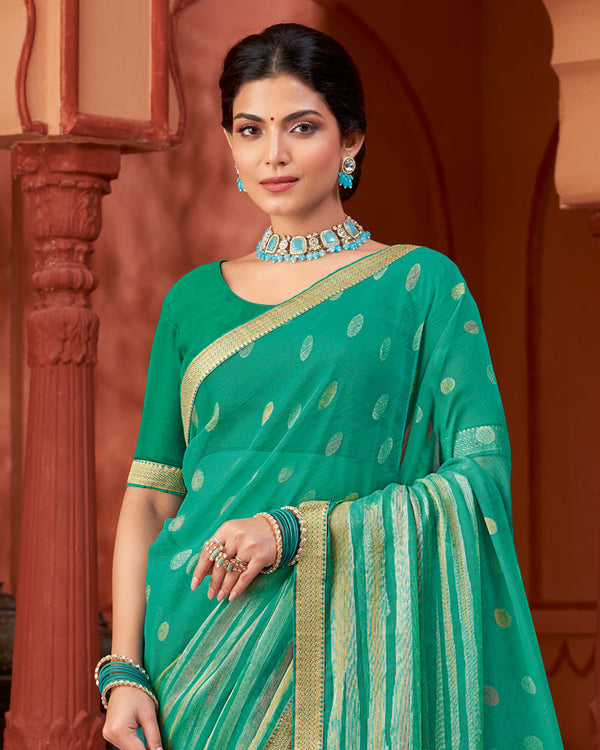 Vishal Prints Dark Mint Green Printed Brasso Saree With Fancy Border