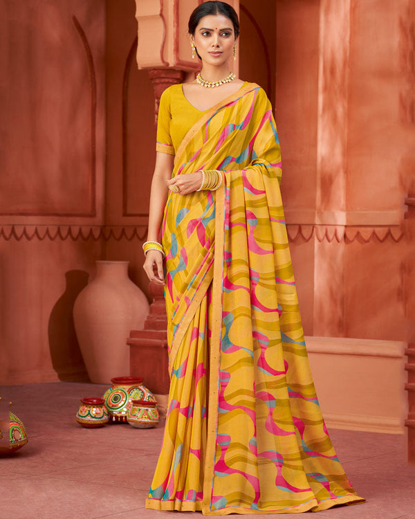 Vishal Prints Dark Yellow Printed Brasso Saree With Fancy Border