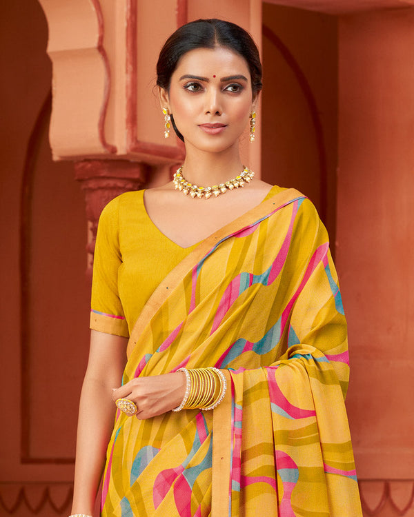 Vishal Prints Dark Yellow Printed Brasso Saree With Fancy Border