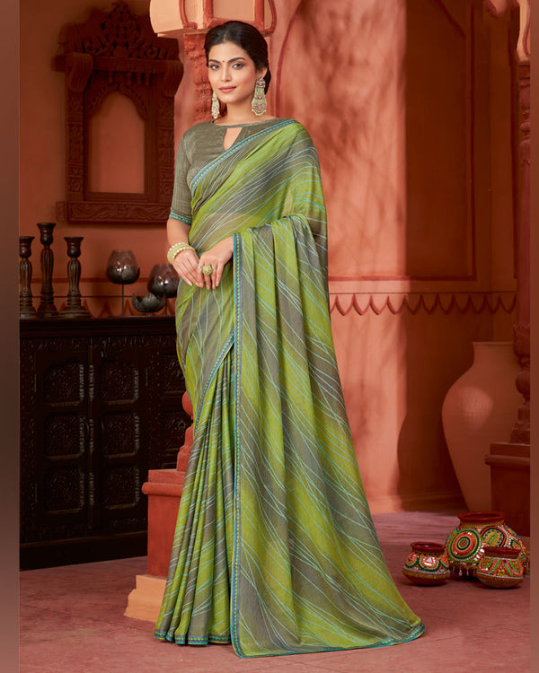 Vishal Prints Sandal Green Printed Brasso Saree With Fancy Border