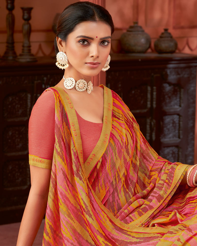 Vishal Prints Peach Printed Brasso Saree With Fancy Border