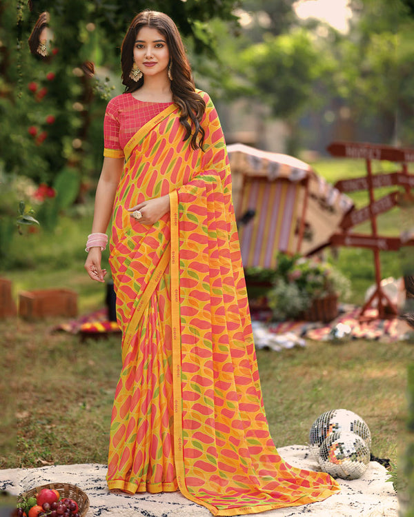 Vishal Prints Yellowish Pink Printed Brasso Saree With Fancy Border