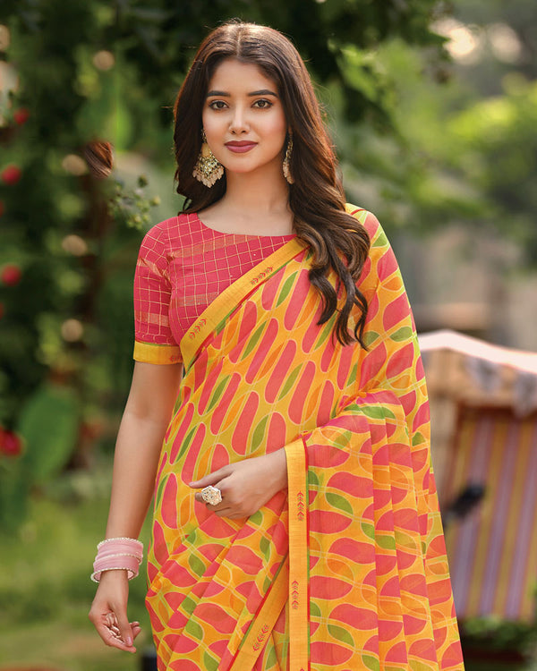 Vishal Prints Yellowish Pink Printed Brasso Saree With Fancy Border