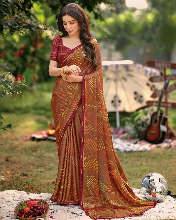 Vishal Prints Brown Printed Brasso Saree With Fancy Border