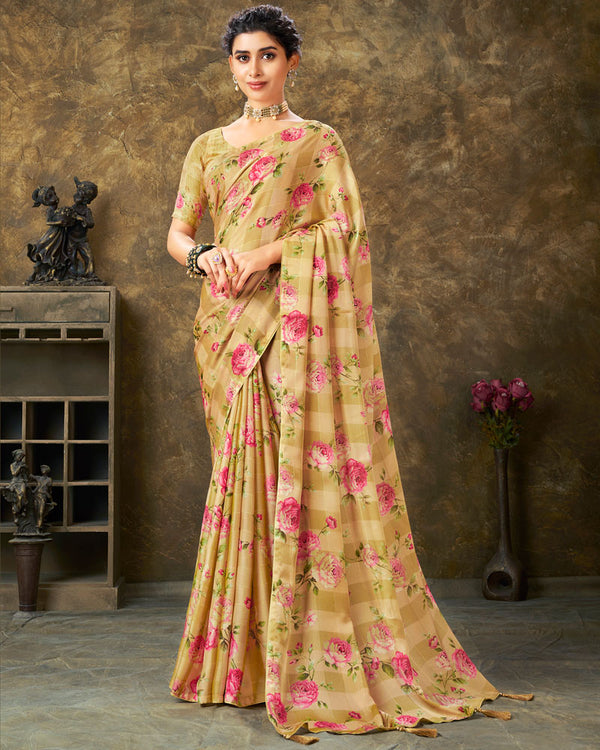 Vishal Prints Sand Brown Patterned Chiffon Digital Print Saree With Tassel