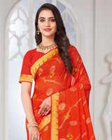 Vishal Prints Dark Orange Georgette Saree With Foil Print And Zari Border