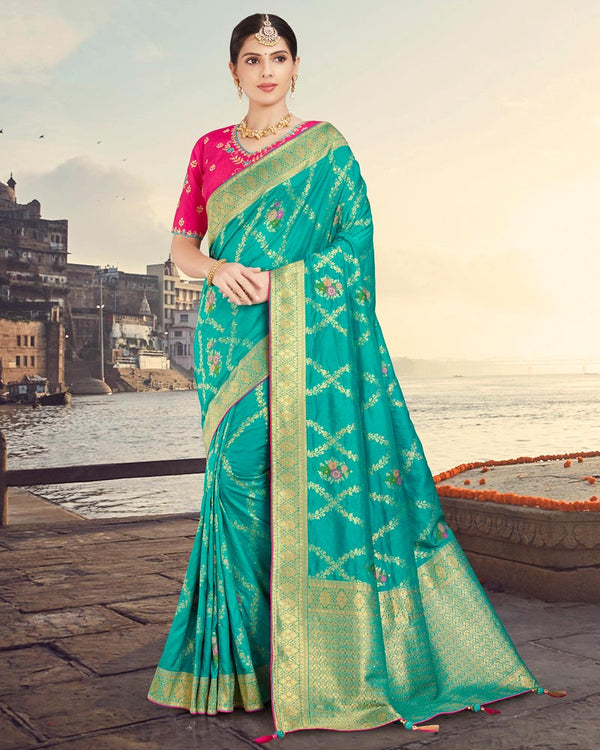 Vishal Prints Turquoise Silk Weaving Saree With Zari Border And Tassel