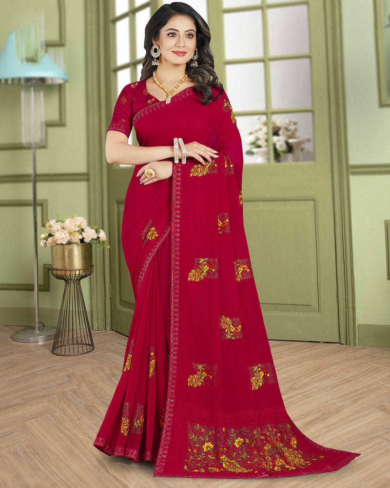 Vishal Prints Cherry Red Designer Chiffon Saree With Embroidery Diamond Work And Core Piping