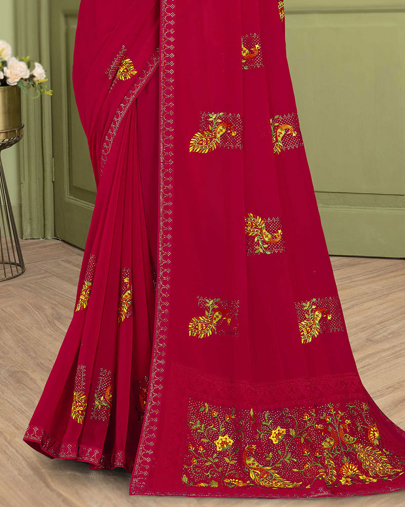 Vishal Prints Cherry Red Designer Chiffon Saree With Embroidery Diamond Work And Core Piping