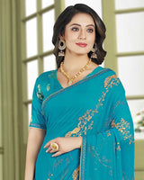 Vishal Prints Bondi Blue Designer Chiffon Saree With Embroidery Diamond Work And Core Piping