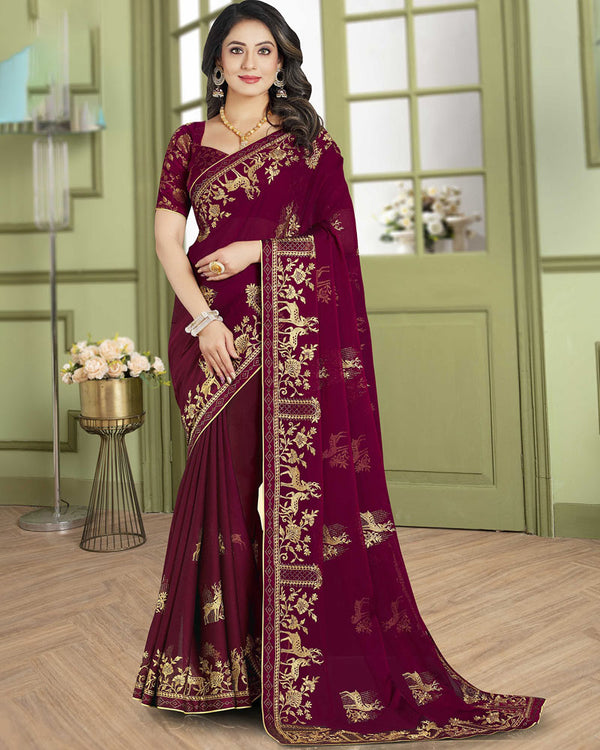 Vishal Prints Burgundy Designer Chiffon Saree With Embroidery Diamond Work And Core Piping