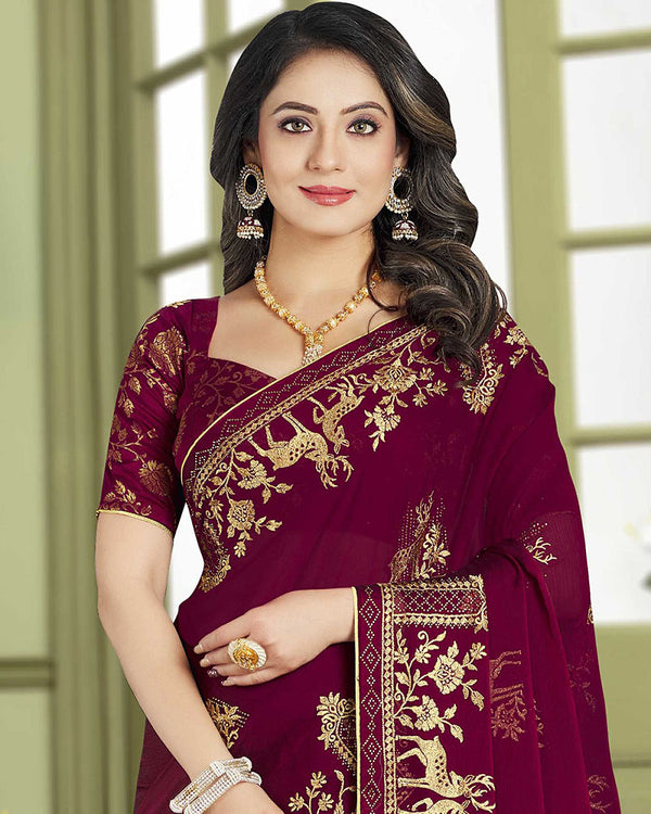 Vishal Prints Burgundy Designer Chiffon Saree With Embroidery Diamond Work And Core Piping