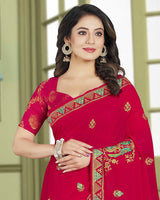 Vishal Prints Pinkish Red Designer Chiffon Saree With Embroidery Diamond Work And Core Piping