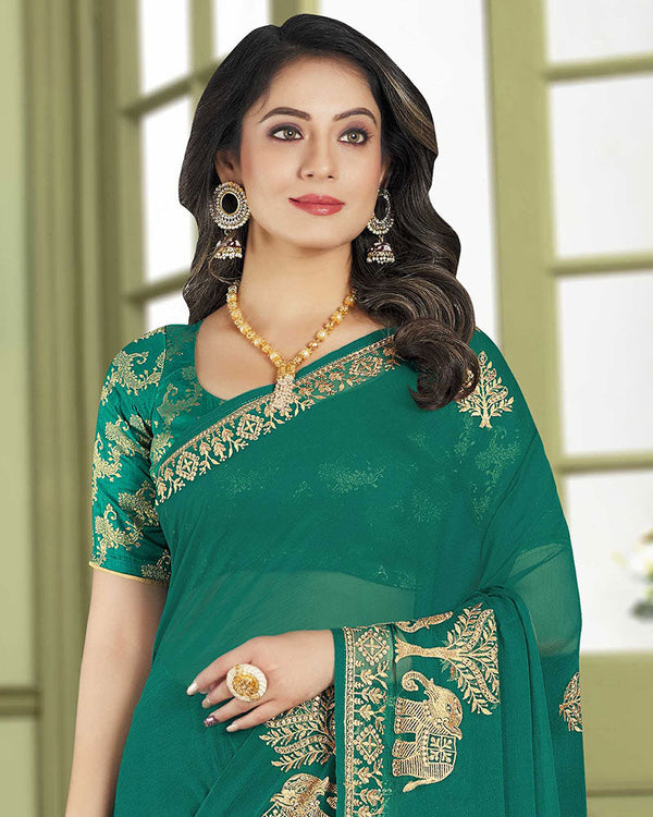 Vishal Prints Rama Green Designer Chiffon Saree With Embroidery Diamond Work And Core Piping