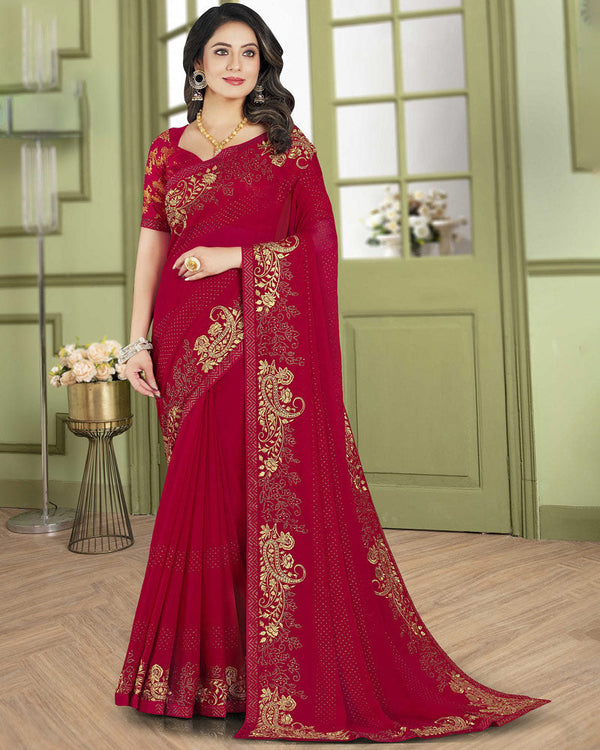 Vishal Prints Cherry Red Designer Chiffon Saree With Embroidery Diamond Work And Core Piping