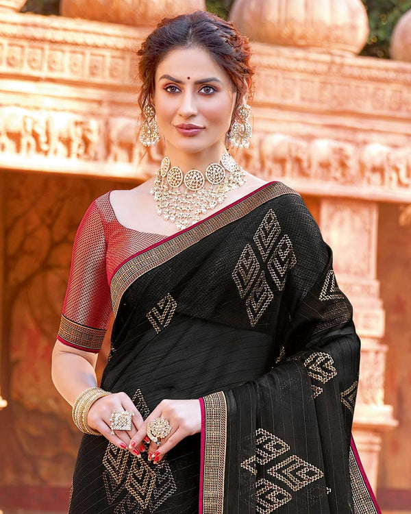 Vishal Prints Black Chiffon Patterned Saree With Foil Print And Fancy Lace Border