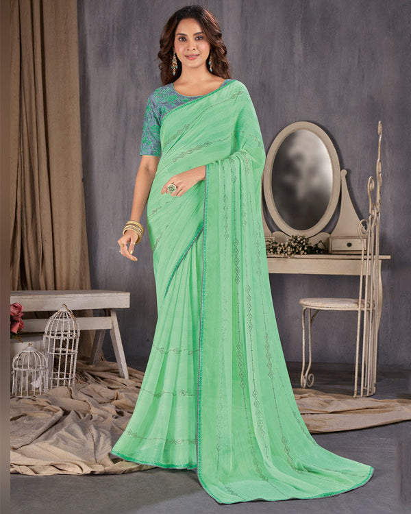 Vishal Prints Sea Green Designer Chiffon Saree With Diamond Work And Fancy Piping