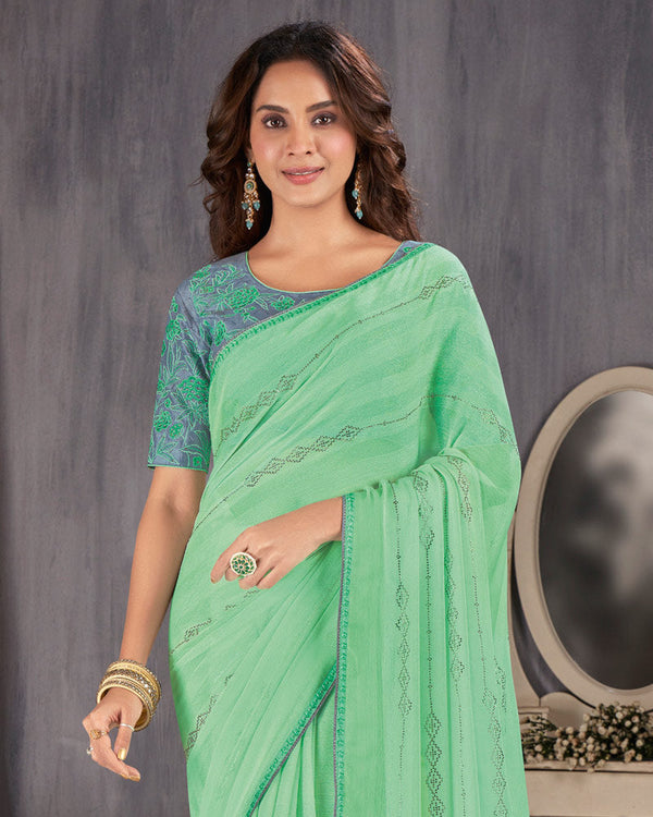 Vishal Prints Sea Green Designer Chiffon Saree With Diamond Work And Fancy Piping