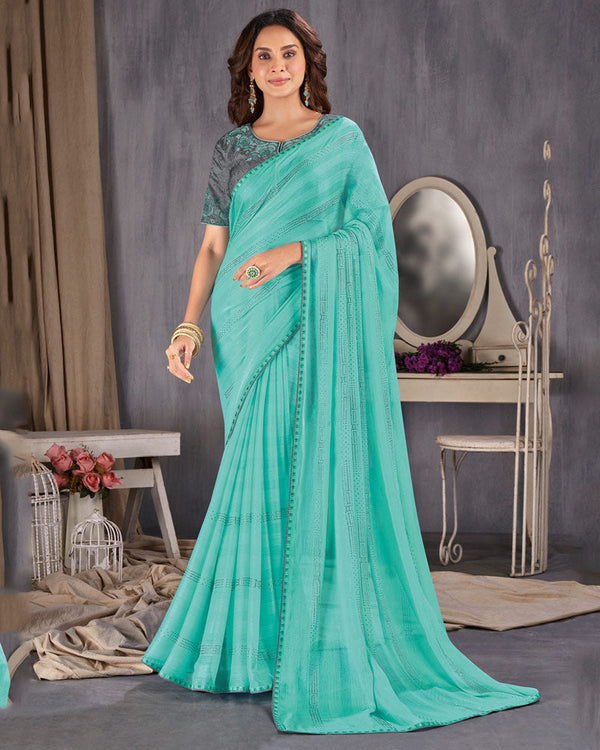 Vishal Prints Turquoise Green Designer Chiffon Saree With Diamond Work And Fancy Piping