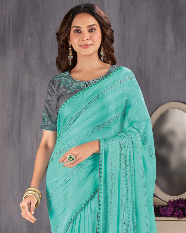 Vishal Prints Turquoise Green Designer Chiffon Saree With Diamond Work And Fancy Piping