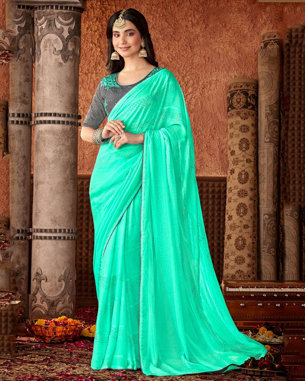 Vishal Prints Aquamarine Designer Chiffon Saree With Diamond Work And Fancy Piping