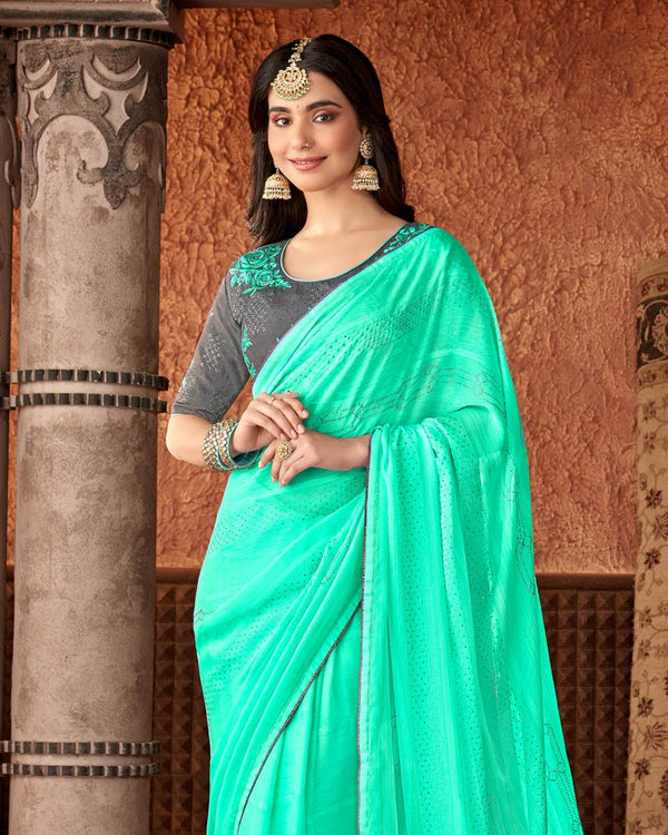 Vishal Prints Aquamarine Designer Chiffon Saree With Diamond Work And Fancy Piping