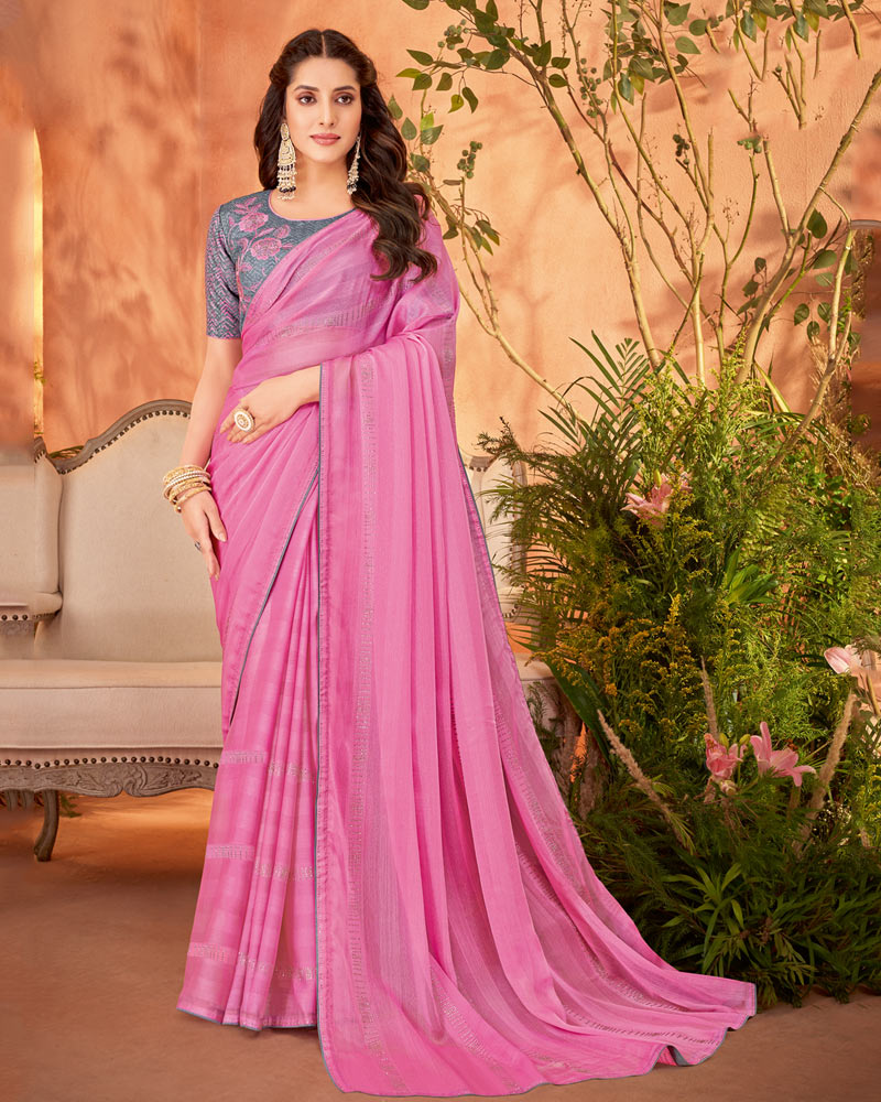 Vishal Prints Deep Blush Pink Designer Chiffon Saree With Diamond Work And Fancy Piping