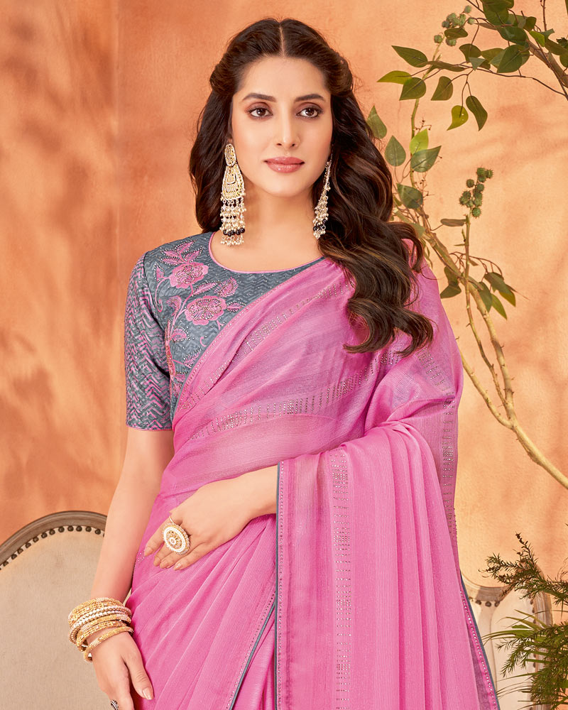 Vishal Prints Deep Blush Pink Designer Chiffon Saree With Diamond Work And Fancy Piping