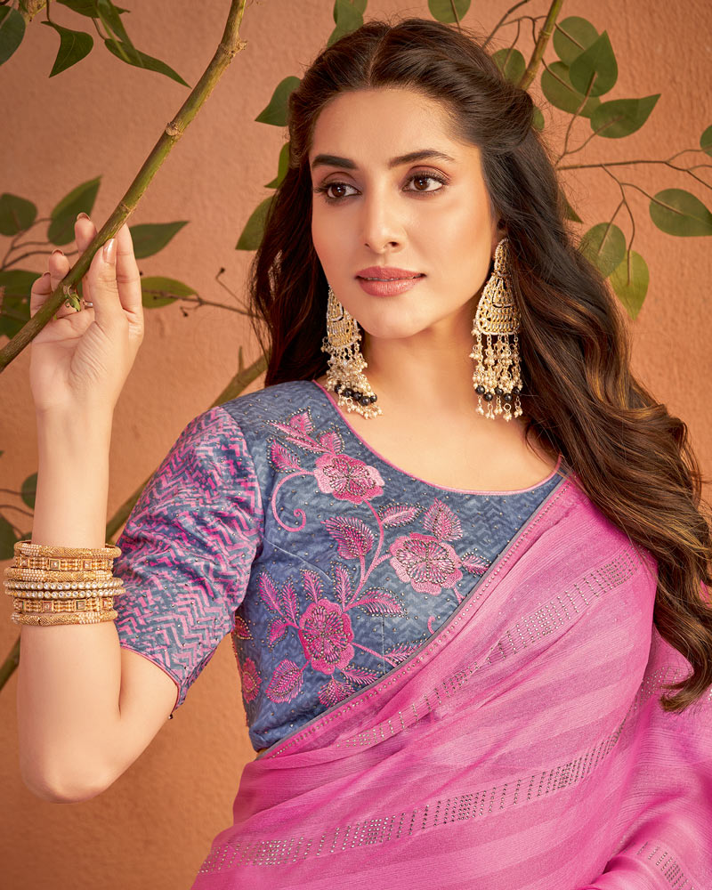 Vishal Prints Deep Blush Pink Designer Chiffon Saree With Diamond Work And Fancy Piping