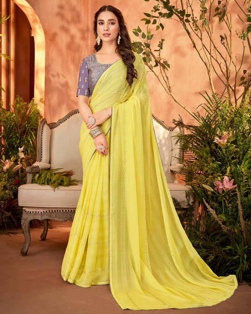 Vishal Prints Pastel Yellow Designer Chiffon Saree With Diamond Work And Fancy Piping