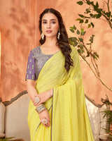 Vishal Prints Pastel Yellow Designer Chiffon Saree With Diamond Work And Fancy Piping