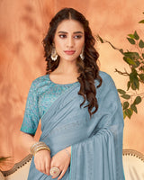 Vishal Prints Slate Grey Designer Chiffon Saree With Diamond Work And Fancy Piping