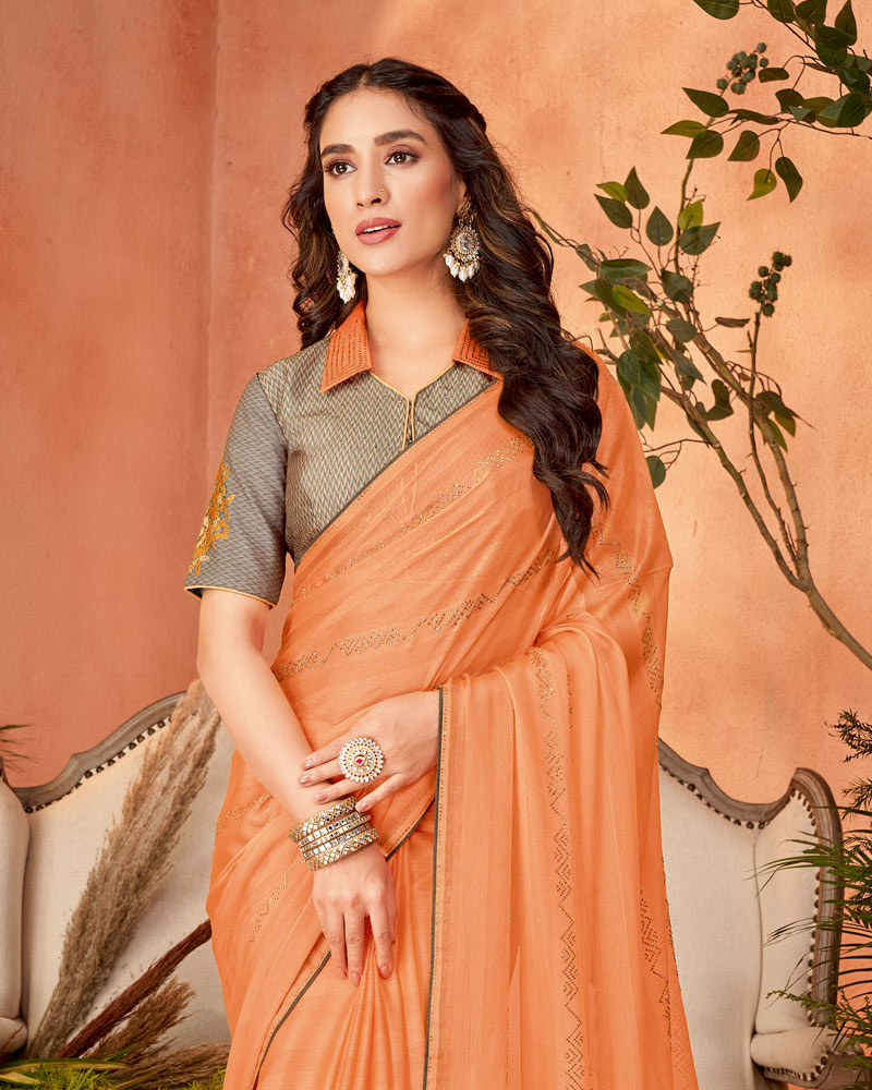 Vishal Prints Rajah Orange Designer Chiffon Saree With Diamond Work And Fancy Piping